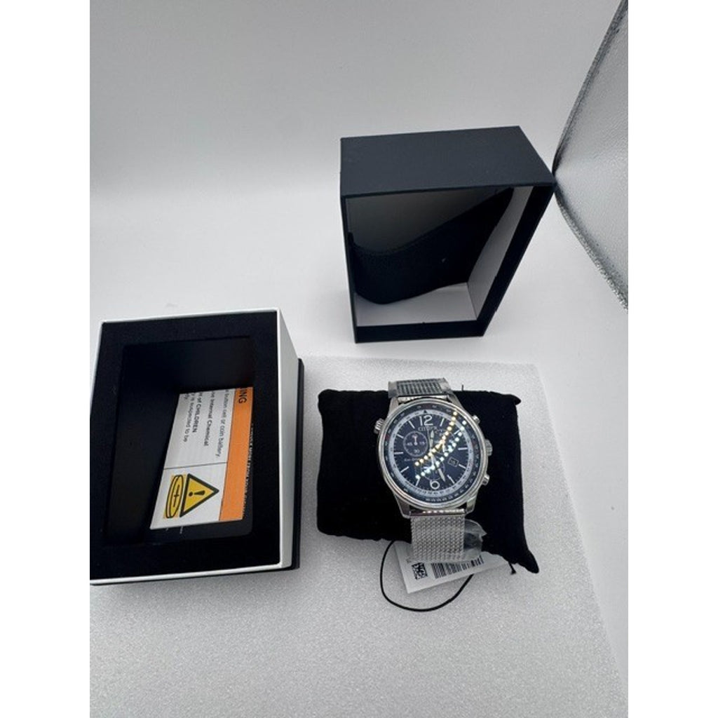 Citizen AT0361-81L Eco-Drive 43mm Blue Dial Chronograph SS Mesh Band Men's Watch