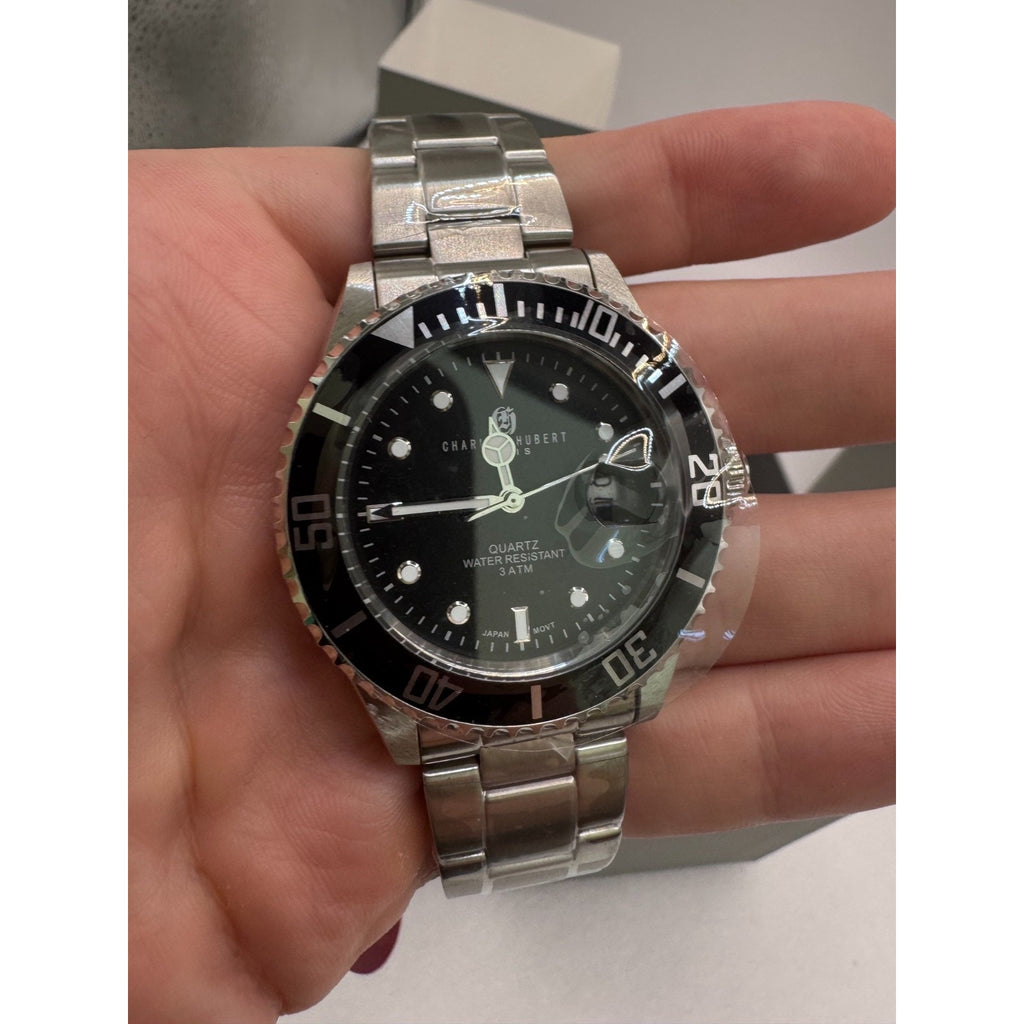Charles-Hubert Black Diver Paris Mens Stainless Steel Quartz Watch #3661