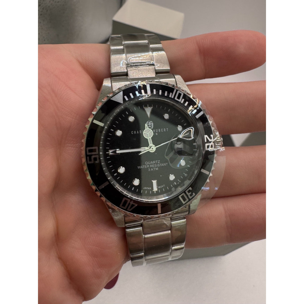 Charles-Hubert Black Diver Paris Mens Stainless Steel Quartz Watch #3661