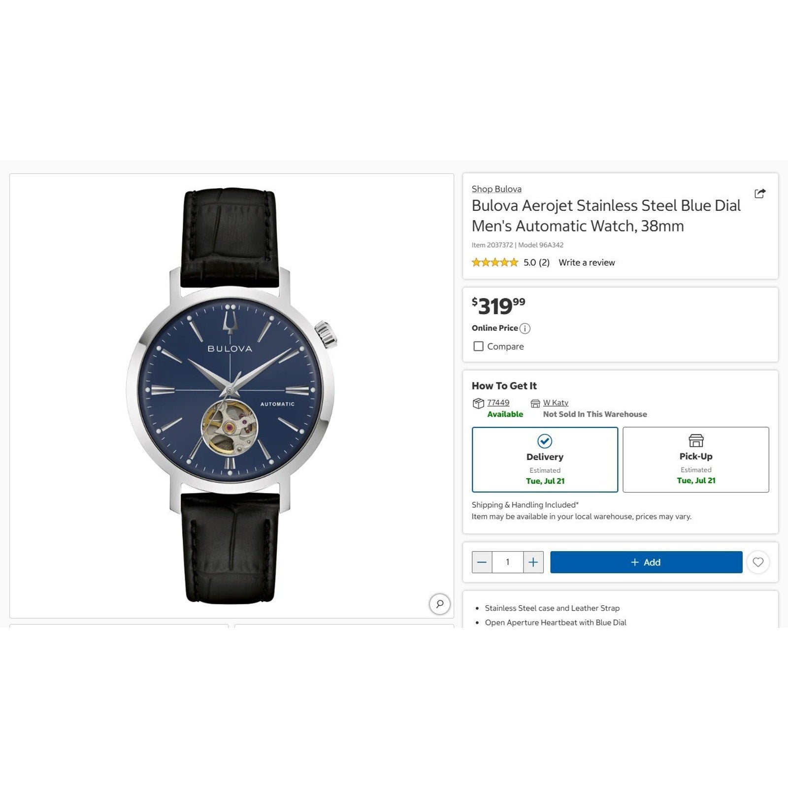 NEW Bulova Aerojet, Blue Stainless Steel Leather Automatic Men's Watch - 96A342