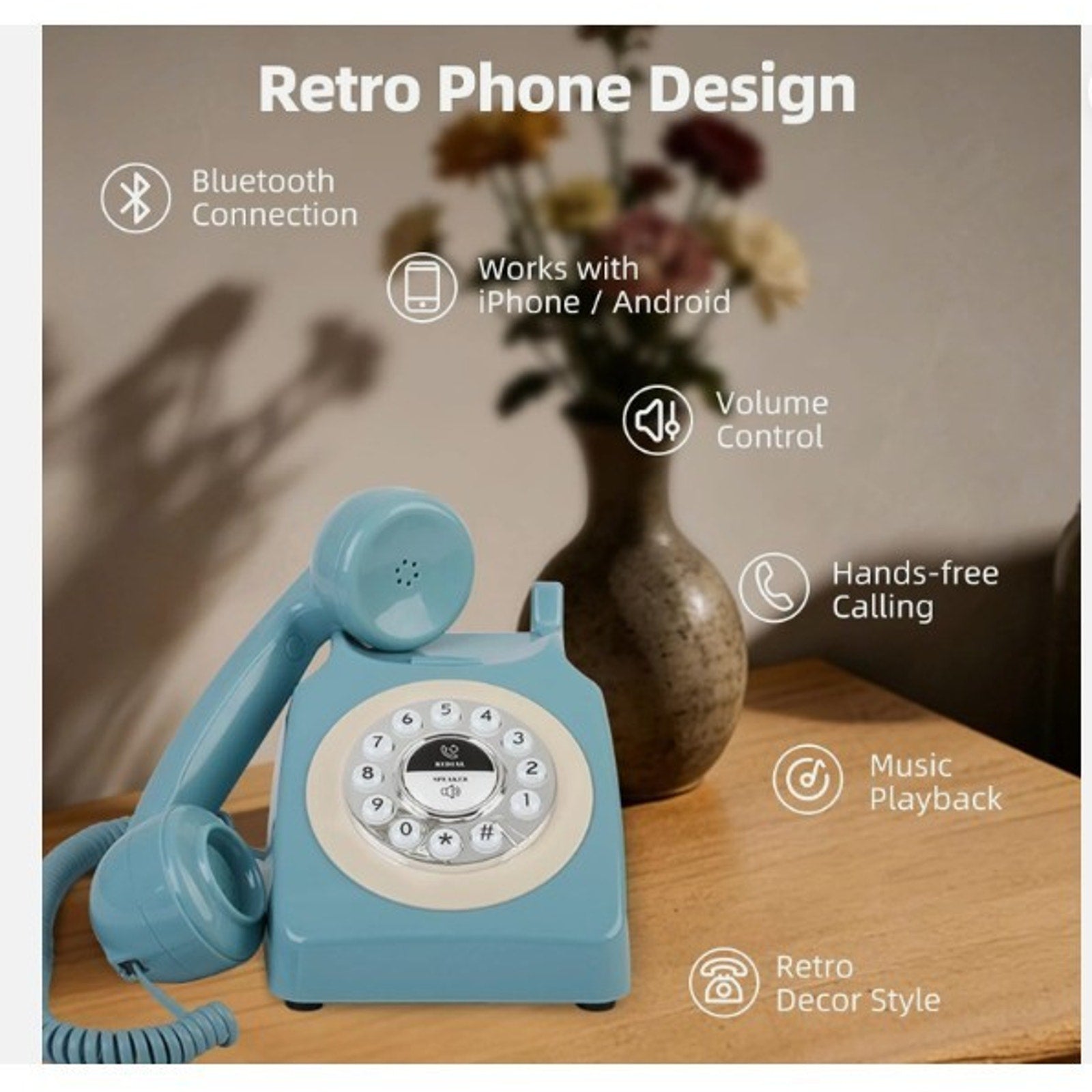 Retro Blue Bluetooth Landline Phone, Mid-Century Style Desk Telephone with Class