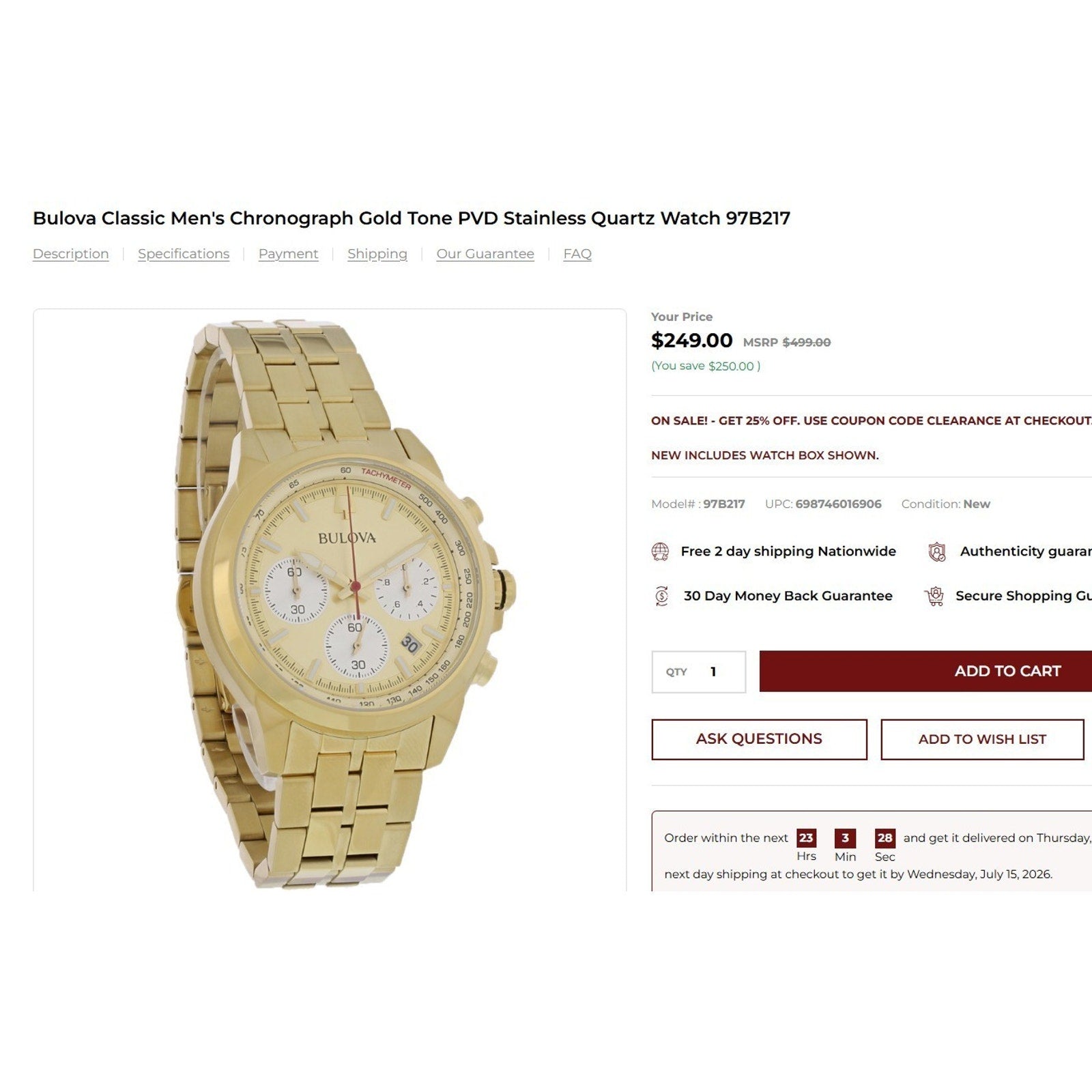 NEW Bulova 97B217 Classic Chronograph Stainless Steel Quartz Men's Watch