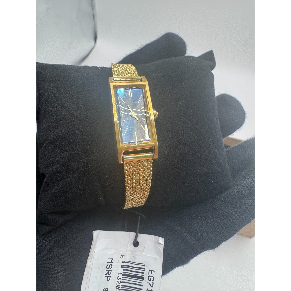 Citizen Fio Eco-Drive Rectangle Gold Tone Black Dial Womens Watch EG7128-59E